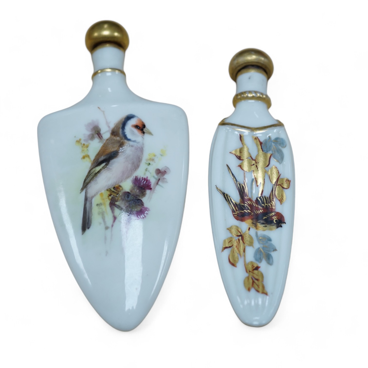 An unusual Royal Worcester bird painted scent flask and another similar flask, longest 10cm. Condition - cork to one stopper broken, unsigned